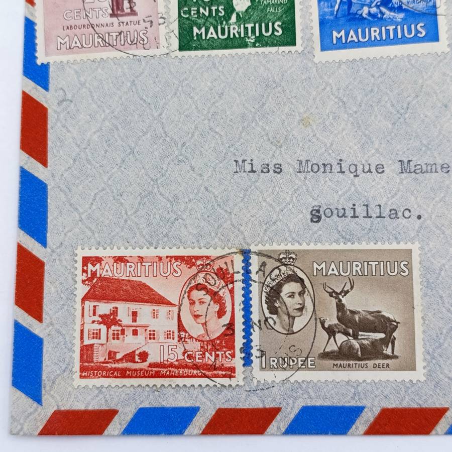 November 1953 Mauritius postal cover with 7 Mauritius stamps with Queen Elizabeth 2