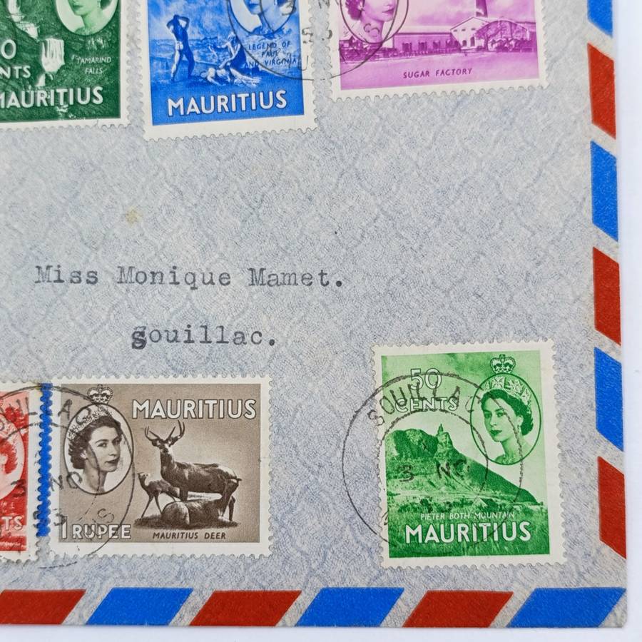 November 1953 Mauritius postal cover with 7 Mauritius stamps with Queen Elizabeth 2