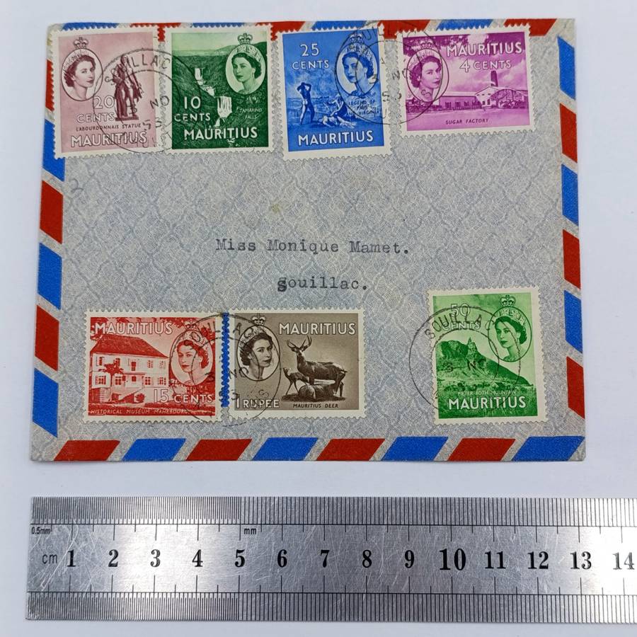 November 1953 Mauritius postal cover with 7 Mauritius stamps with Queen Elizabeth 2