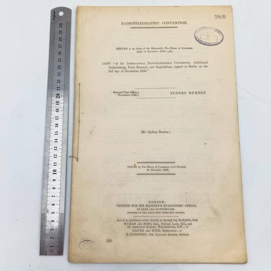 1906 Radiotelegraphic Convention document ordered by the House of Commons and signed at Berlin 1906