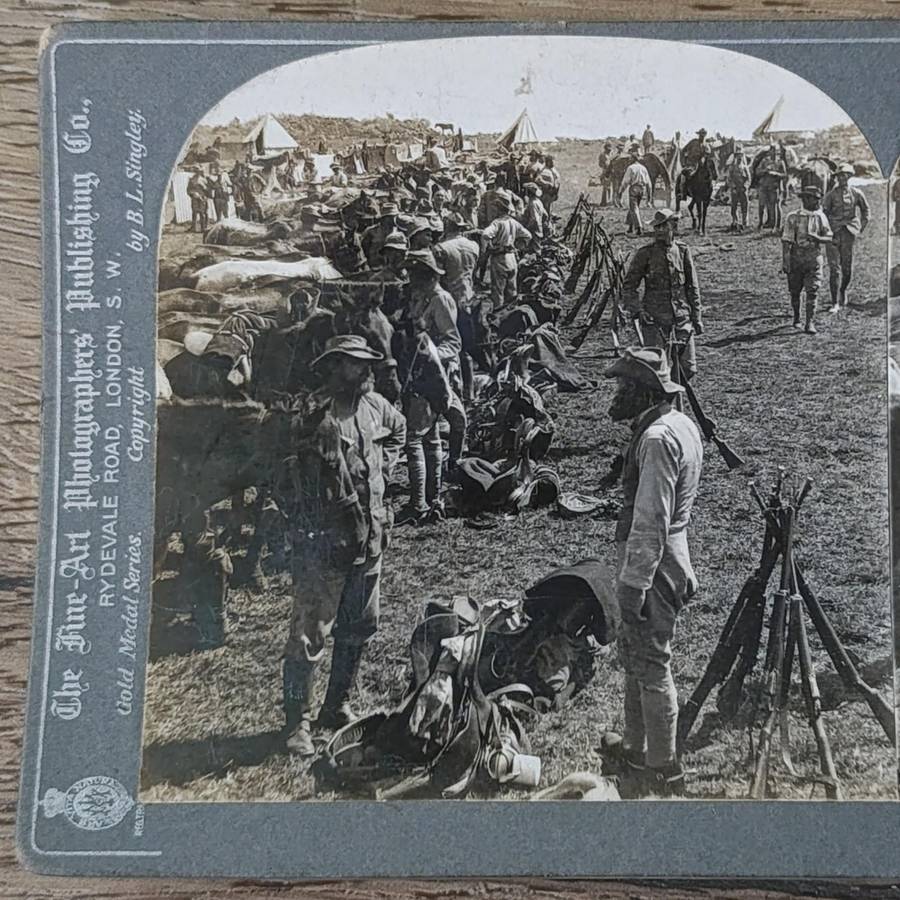 Boer War stereoscope card #11814 British Cavalry Halt on the veldt before the Advance on Pretoria