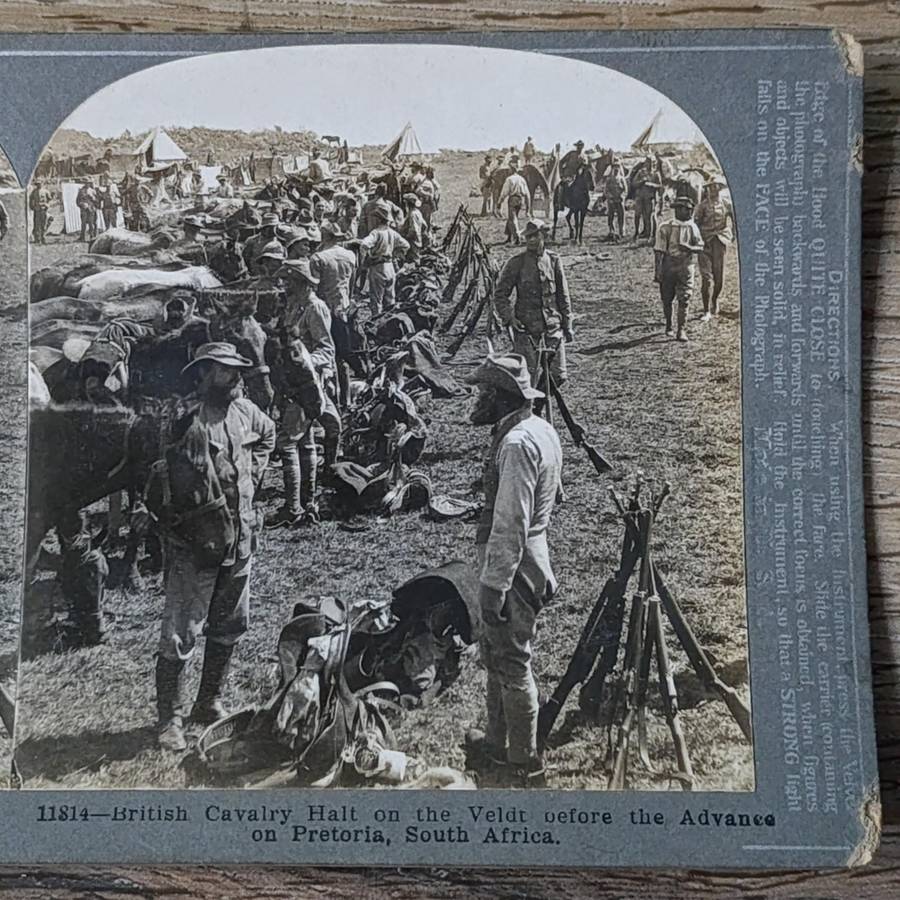 Boer War stereoscope card #11814 British Cavalry Halt on the veldt before the Advance on Pretoria
