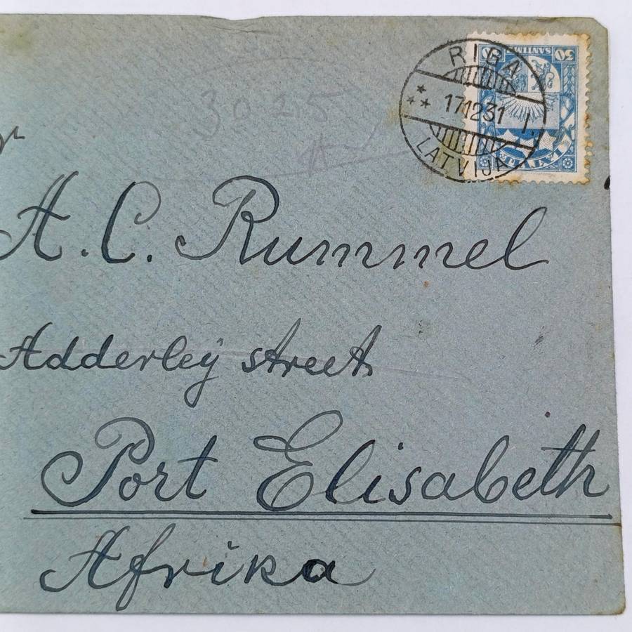 1931 Letter from Riga, Latvia to Port Elizabeth, South Africa with blue 30 Santimu stamp