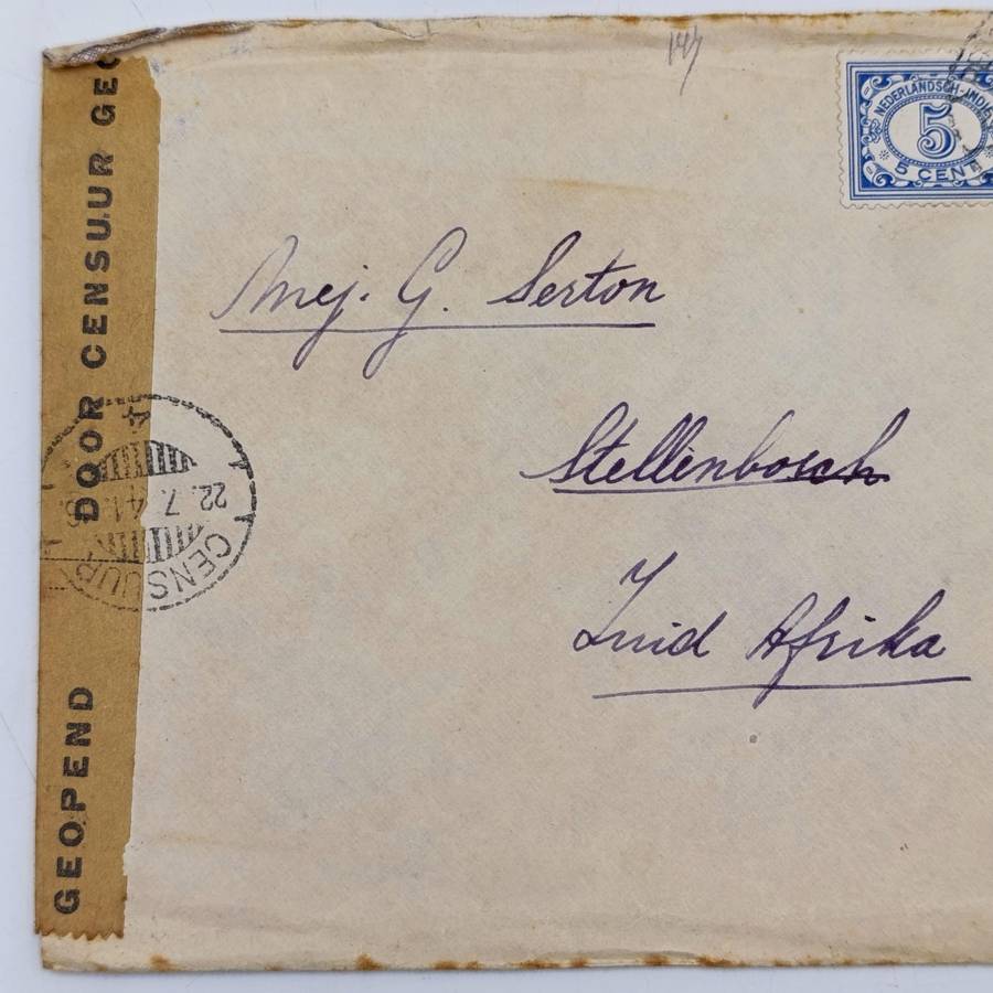 Censored WW2 cover Batavia to Stellenbosch, South Africa
