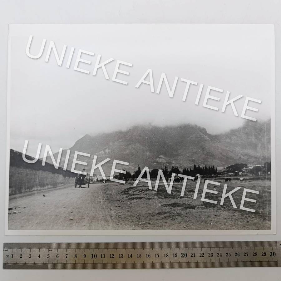 Antique photo reprint of horse cart next to Castle of Good Hope wall with Devils Peak in back