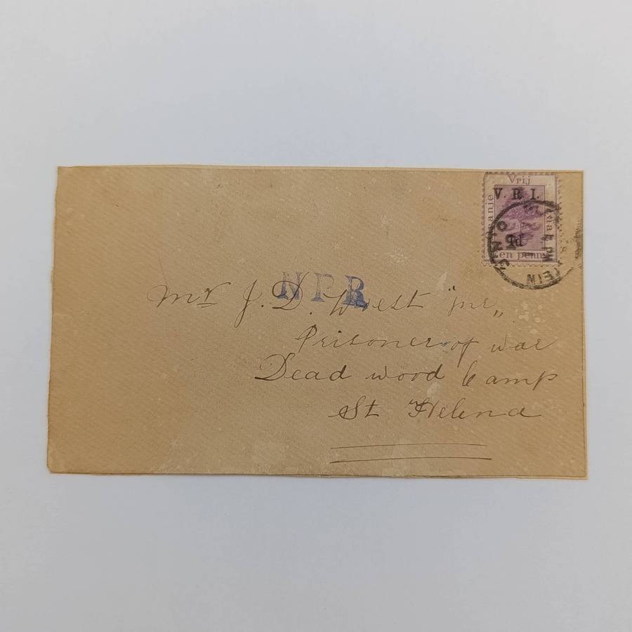 Boer War POW card stuck to paper - sent Bloemfontein to JD Woest Deadwood camp St Helena