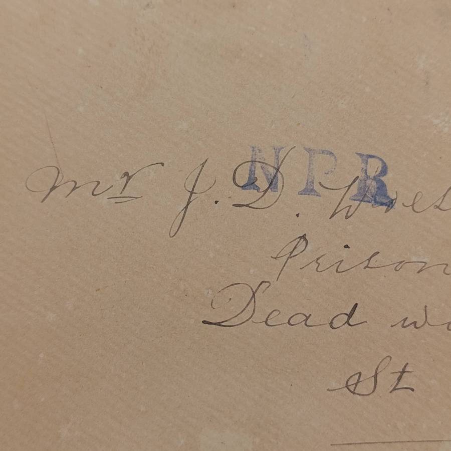 Boer War POW card stuck to paper - sent Bloemfontein to JD Woest Deadwood camp St Helena