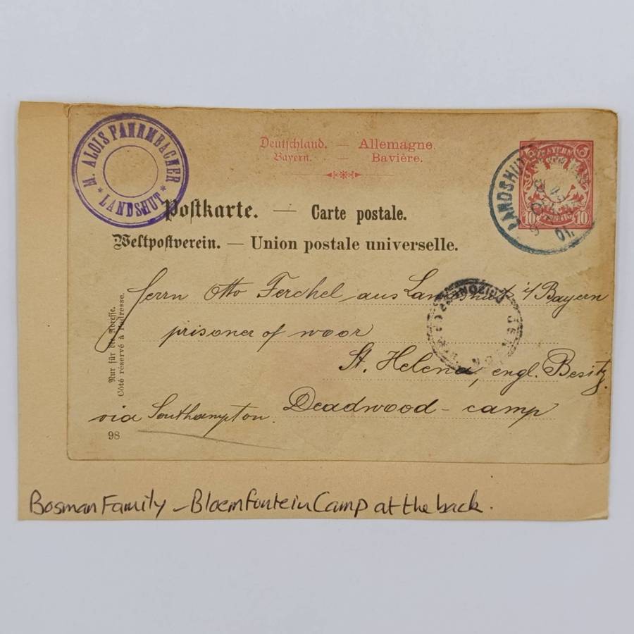 Boer War Photo of the Bosman family at the woman's camp Bloemfontein - at the back postcard posted