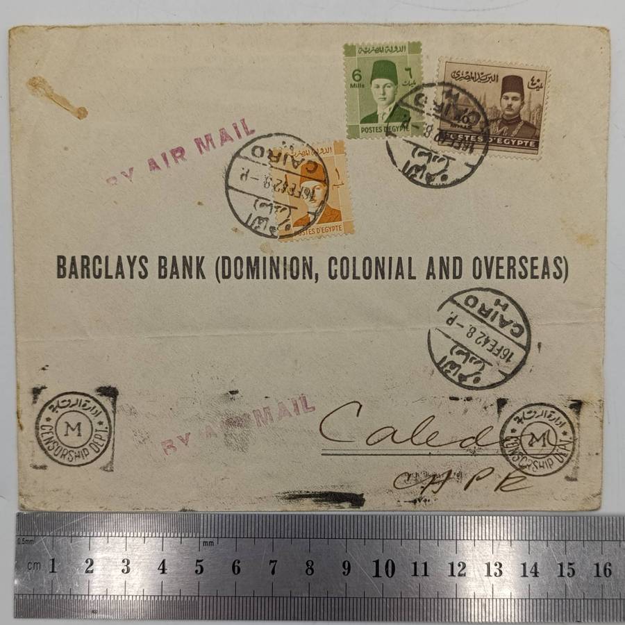 Censored WW2 Letter - Egypt to Caledon, South Africa - 3 Egyptian stamps cancelled Cairo 16 Feb 1942