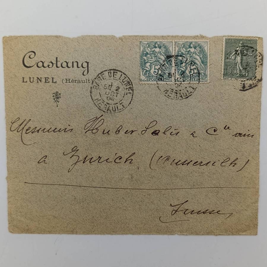 Postal cover front sent from France to Zurich, Switzerland with 3 French stamps cancelled 5 Oct 1904