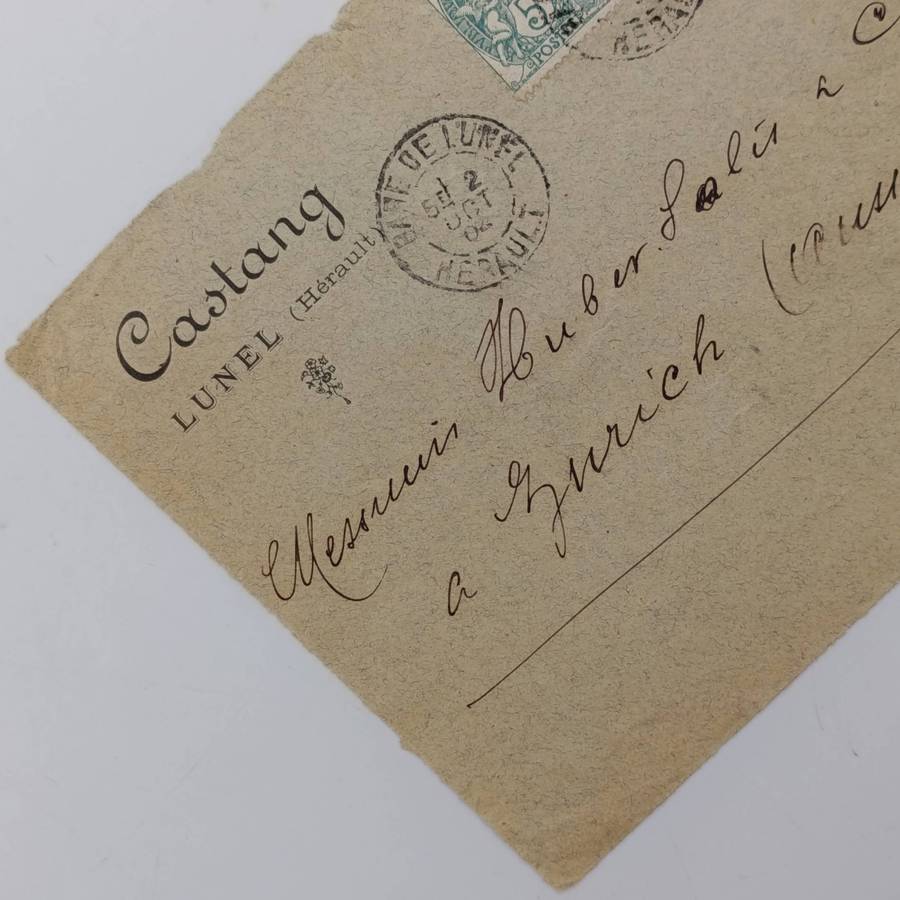 Postal cover front sent from France to Zurich, Switzerland with 3 French stamps cancelled 5 Oct 1904