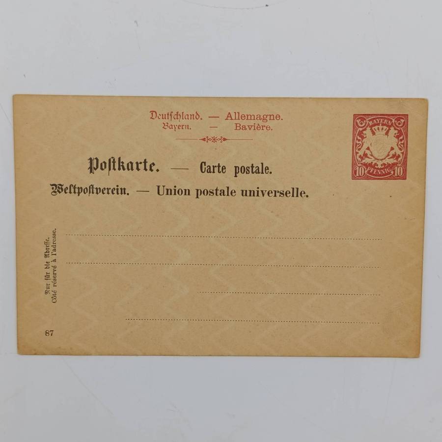 late 1800's Bayern postcard with pre printed 10 pfennig postage and watermarked. - unused