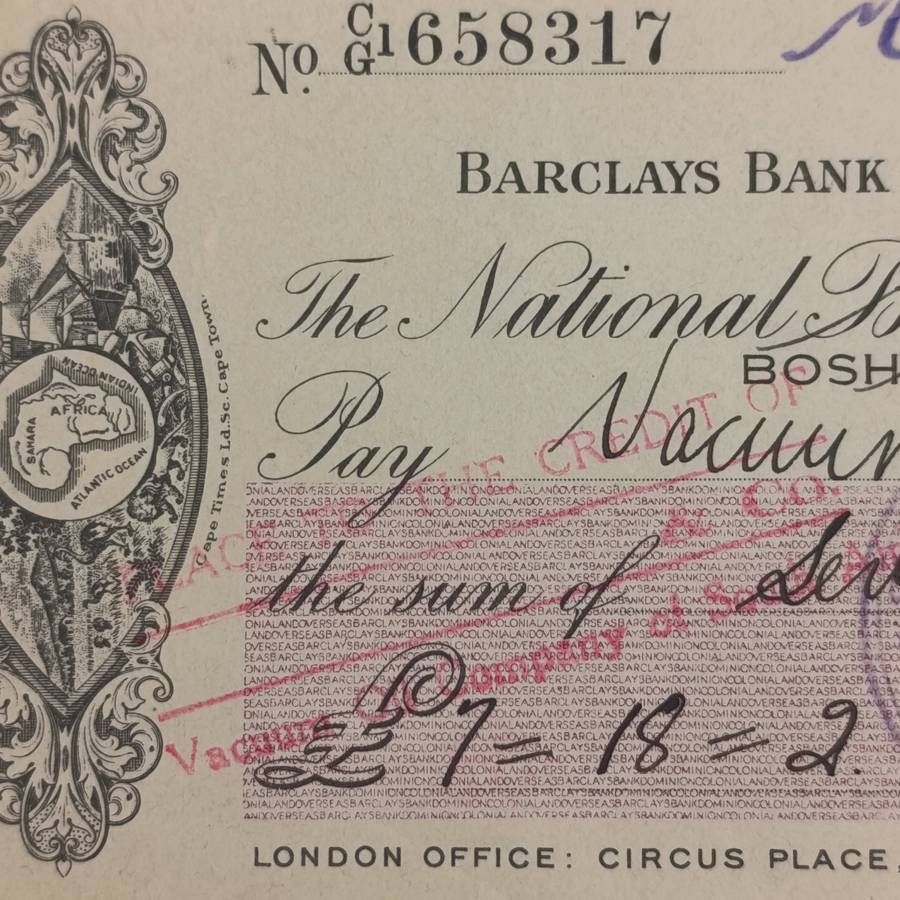 1936 Bardays bank cheque by the National Bank of South Africa Ltd in Boshof, Orange Free State