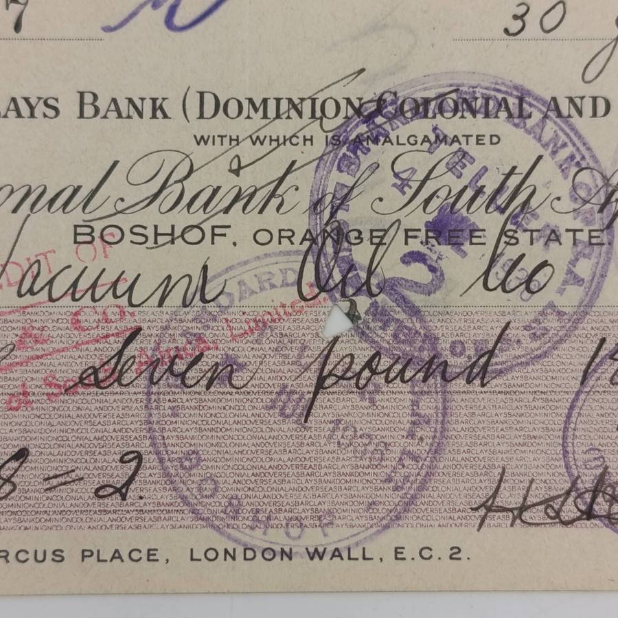 1936 Bardays bank cheque by the National Bank of South Africa Ltd in Boshof, Orange Free State