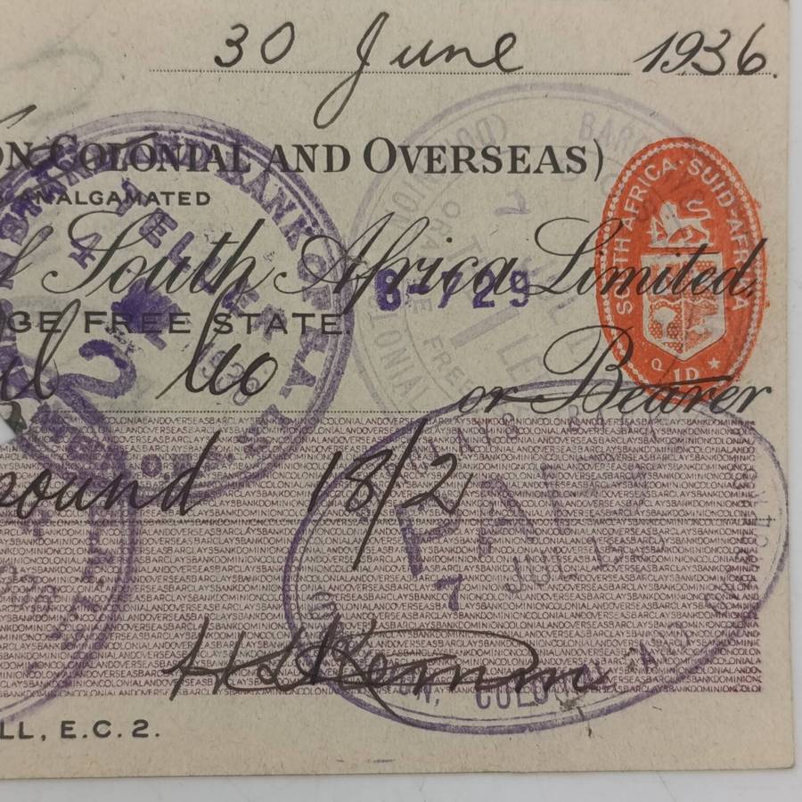 1936 Bardays bank cheque by the National Bank of South Africa Ltd in Boshof, Orange Free State