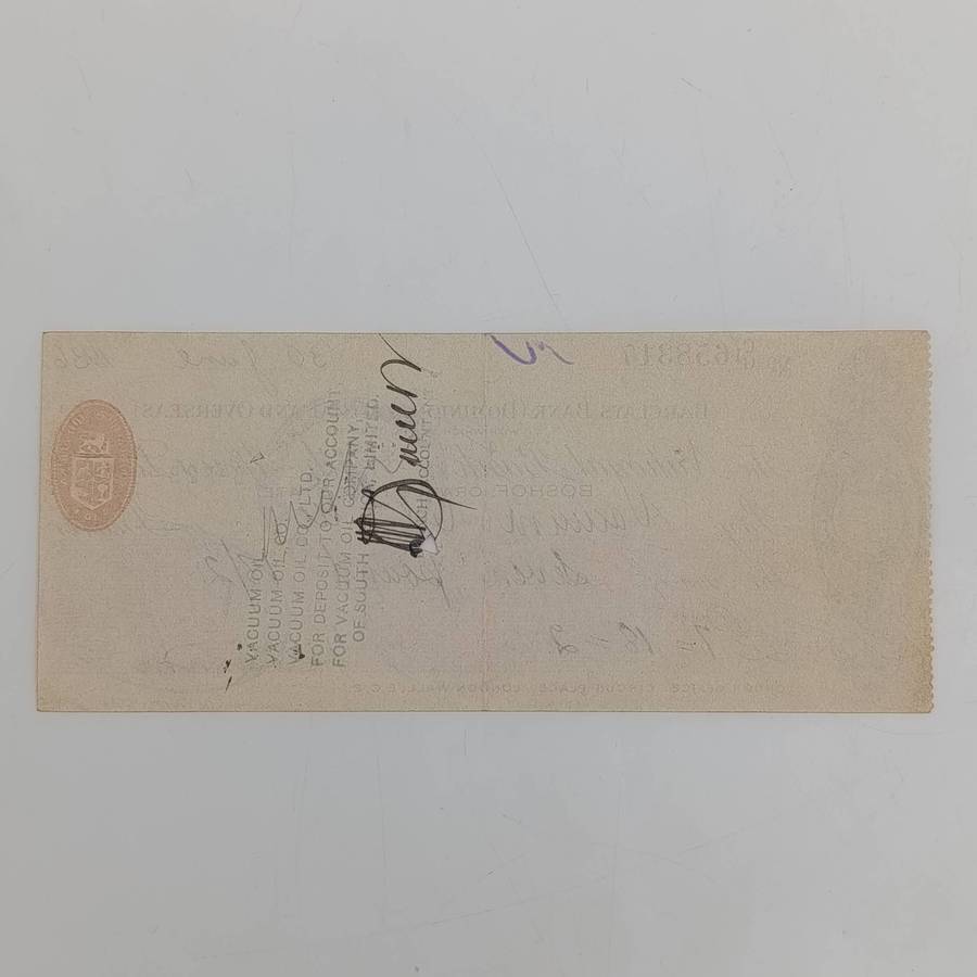 1936 Bardays bank cheque by the National Bank of South Africa Ltd in Boshof, Orange Free State