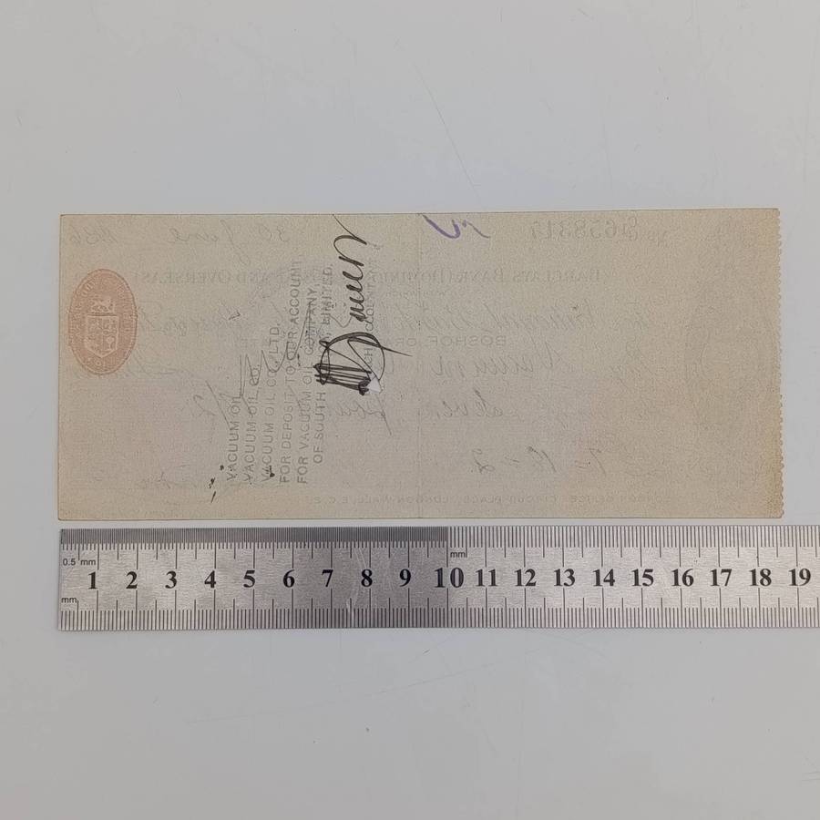 1936 Bardays bank cheque by the National Bank of South Africa Ltd in Boshof, Orange Free State