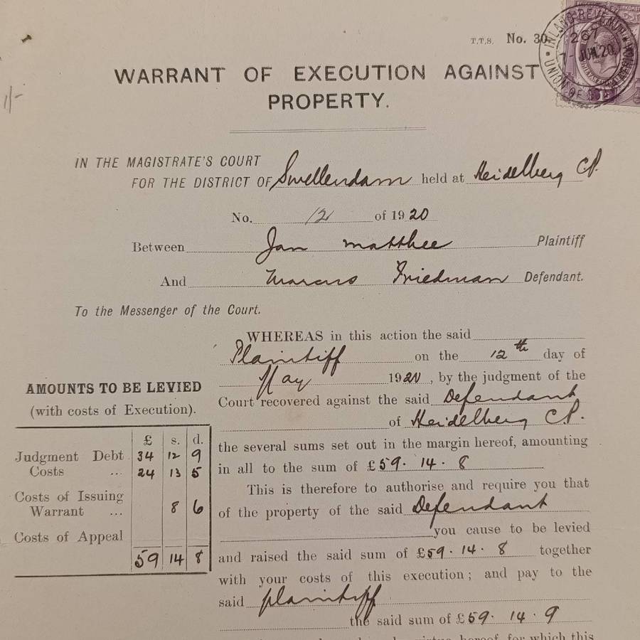 Union of South Africa 1920 Warrant of execution against property between plaintiff Jan Matthee