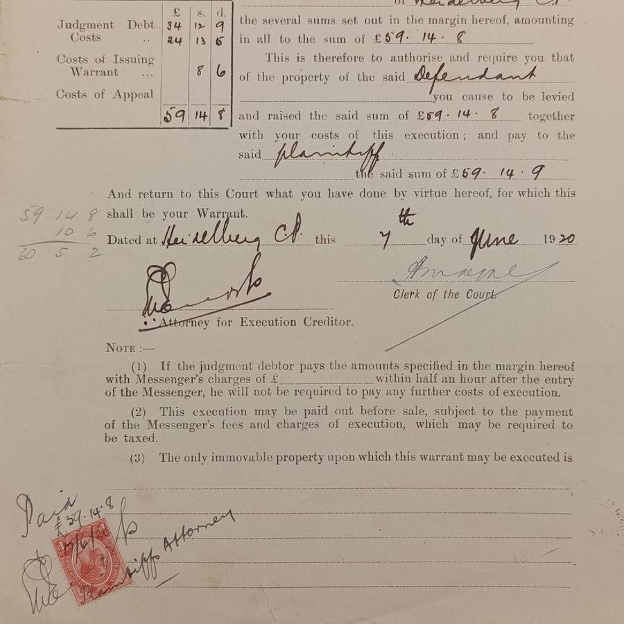 Union of South Africa 1920 Warrant of execution against property between plaintiff Jan Matthee