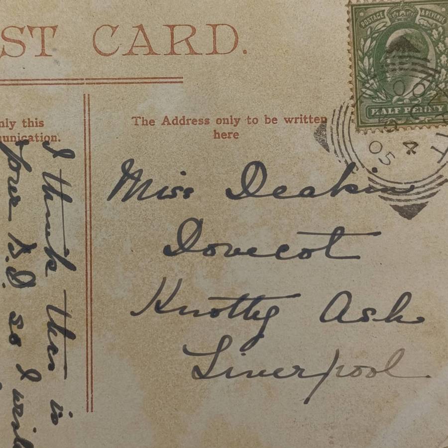 Postcard posted 4 Nov 1905 Woolprt, England to Liverpool - Squared circle cancellation