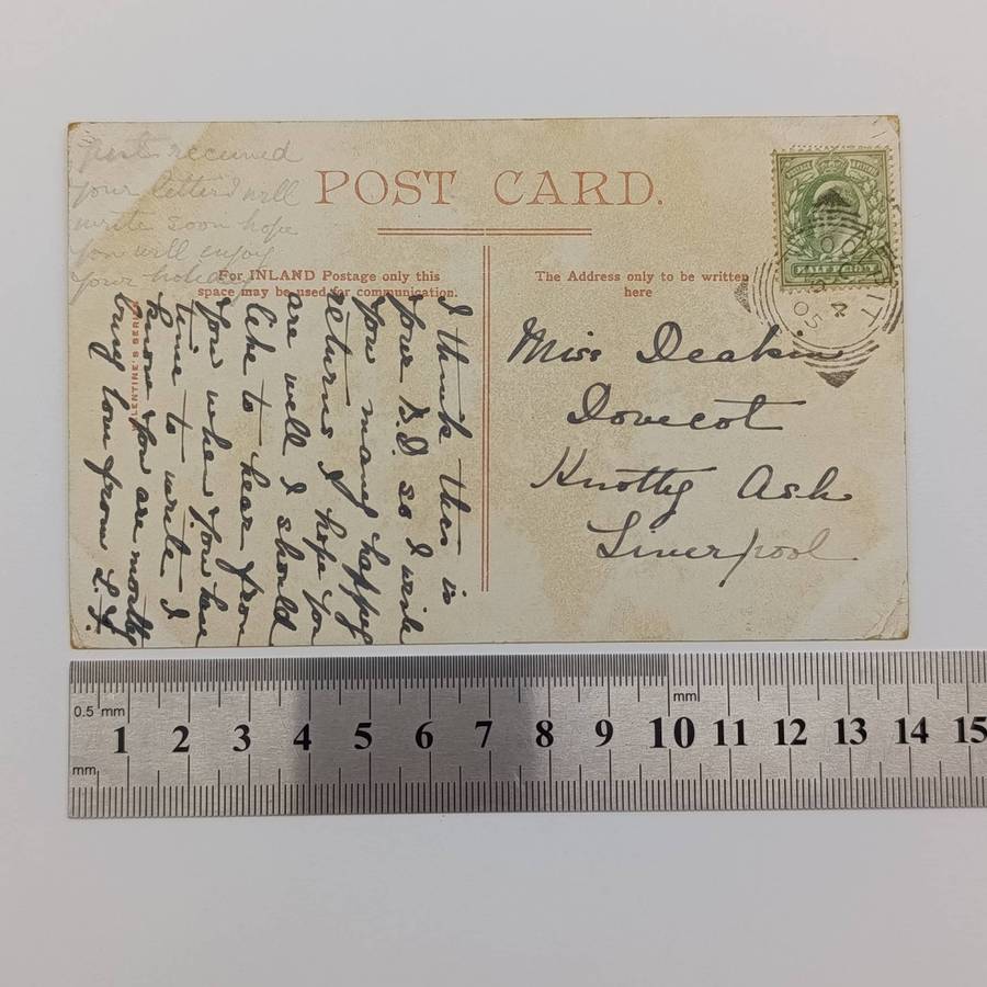 Postcard posted 4 Nov 1905 Woolprt, England to Liverpool - Squared circle cancellation