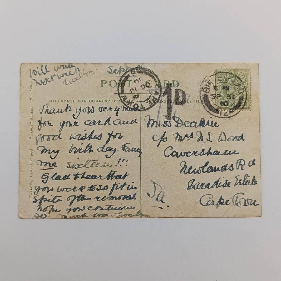 Postcard Birkenherd to Cape  Town posted 30 Sept 1910 and Taxed 1D