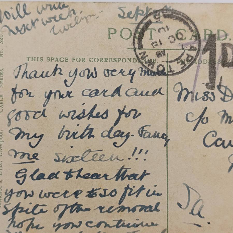 Postcard Birkenherd to Cape  Town posted 30 Sept 1910 and Taxed 1D