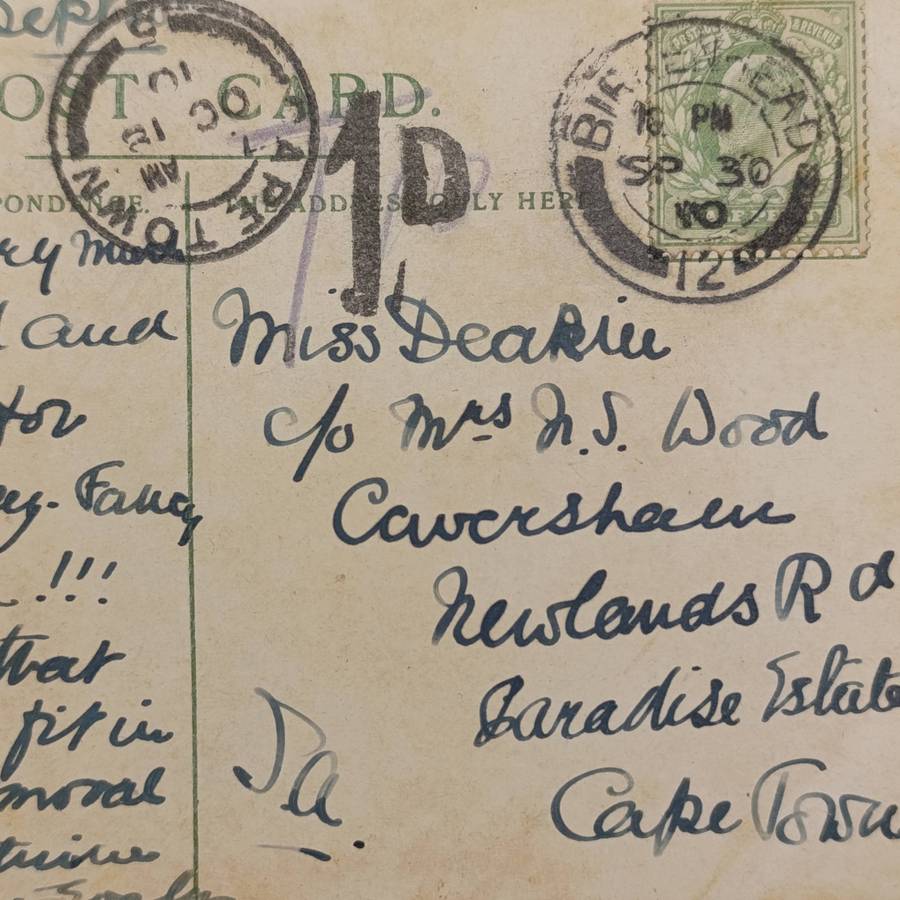Postcard Birkenherd to Cape  Town posted 30 Sept 1910 and Taxed 1D