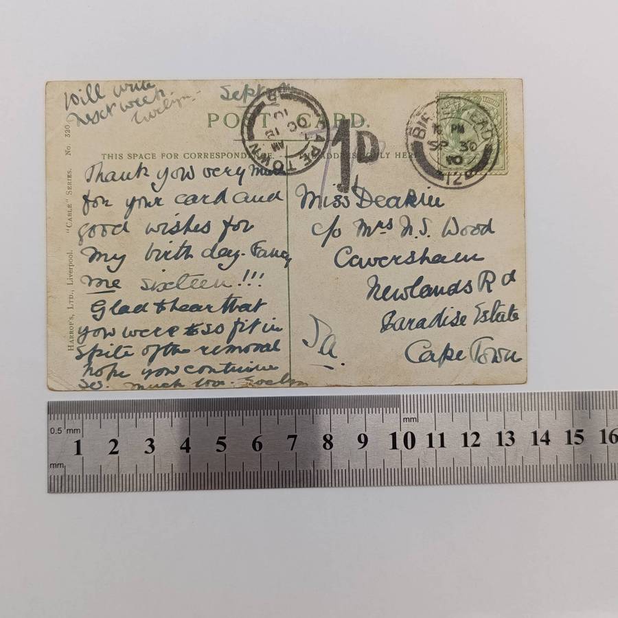 Postcard Birkenherd to Cape  Town posted 30 Sept 1910 and Taxed 1D