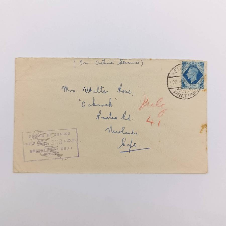 28 June 1941 Letter from Egypt to Newlands, Cape Passed by Censor UDF No 338