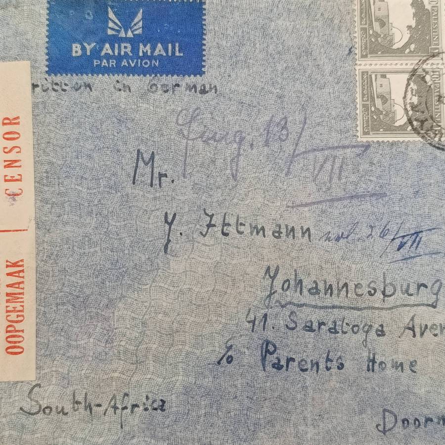 WW2 Airmail Cover - opened by censor - 4 palestine stamps - posted to Doorn fontein, South Africa