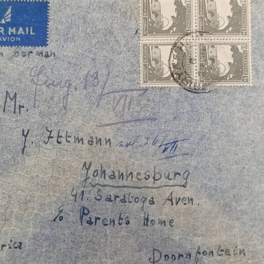 WW2 Airmail Cover - opened by censor - 4 palestine stamps - posted to Doorn fontein, South Africa