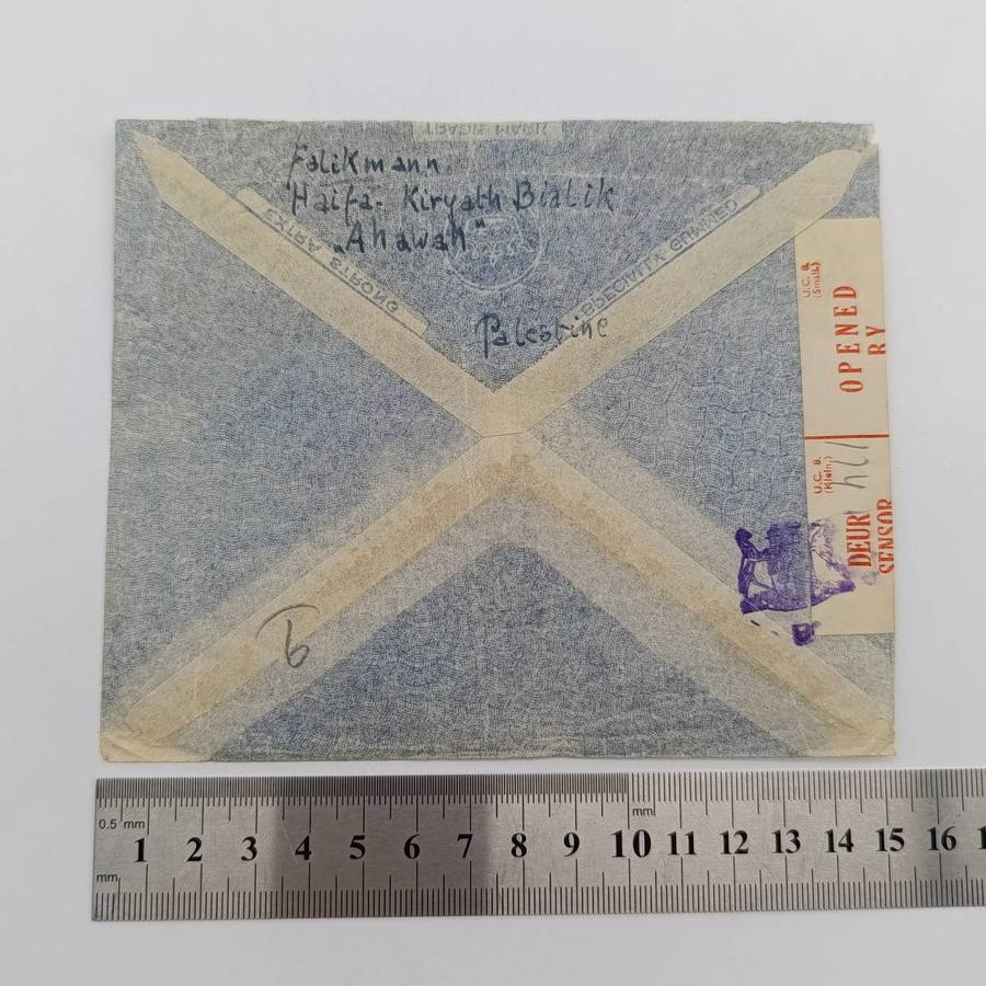 WW2 Airmail Cover - opened by censor - 4 palestine stamps - posted to Doorn fontein, South Africa