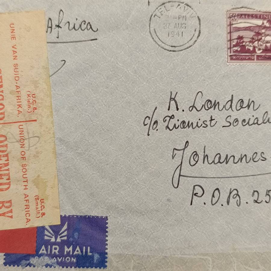 WW2 Cover from Tel Aviv 27 Aug 1941 with 2 Pallestine stamps posted to Johannesburg to the Zionist