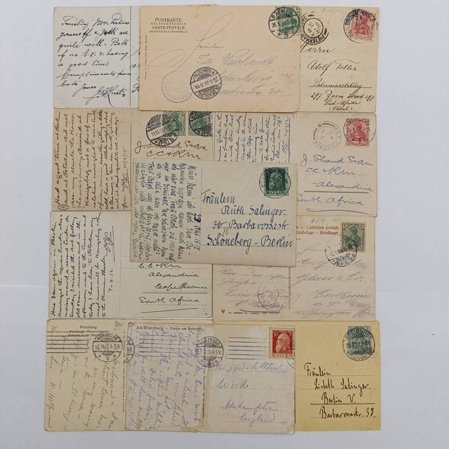 Lot of 11 German Postcards used 1910 to 1920 - Five sent to South Africa