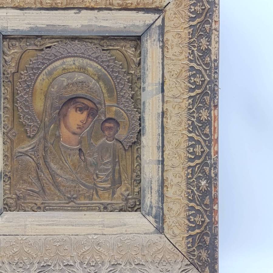 Antique Russian Orthodox Icon of Mary and Baby Jesus