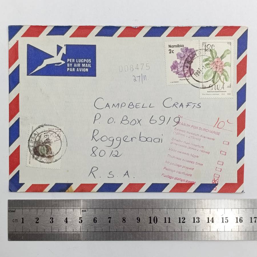 Postal History Namibia 15 November 1991 numbered Airmail cover ARANOS Namibia to Roggebaai