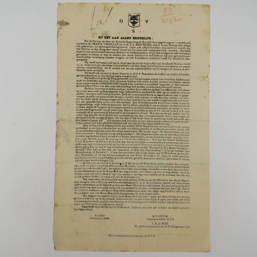 Orange Free State information pamphlet. Issued Te Velde 14 January 1901 by M. T. Steyn (President of
