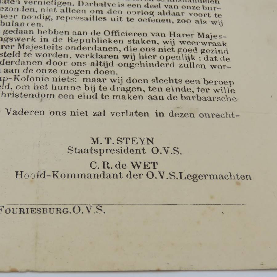 Orange Free State information pamphlet. Issued Te Velde 14 January 1901 by M. T. Steyn (President of