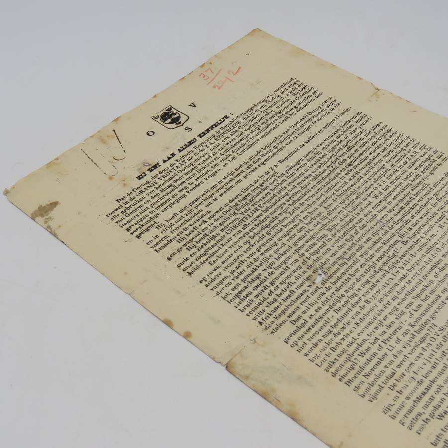 Orange Free State information pamphlet. Issued Te Velde 14 January 1901 by M. T. Steyn (President of