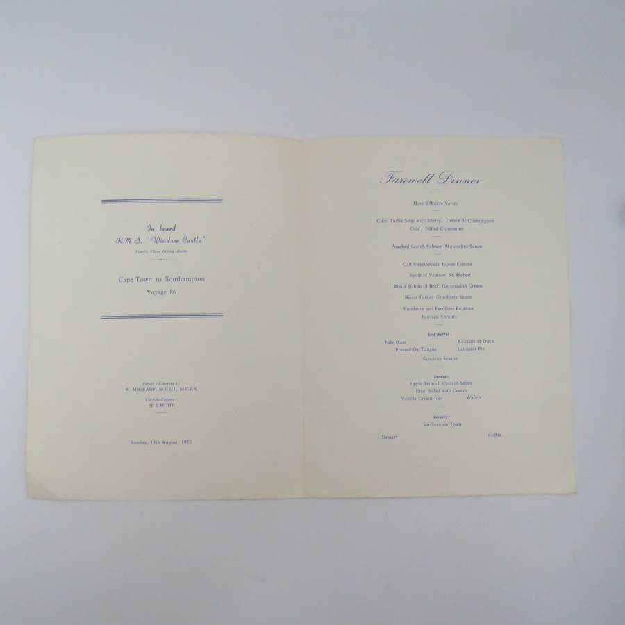 Union-Castle RMS Windsor Castle Farewell dinner menu - 13 Augustus 1972