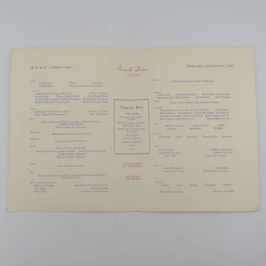 Union-Castle RMMV Athlone Castle Farewell dinner menu - 6  September 1961