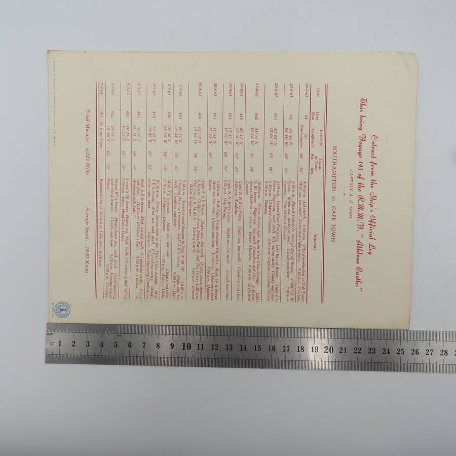 Union-Castle RMMV Athlone Castle Farewell dinner menu - 6  September 1961