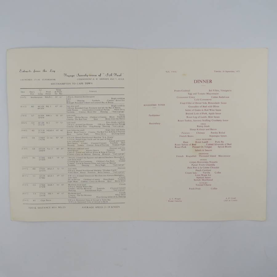 SAFmarine SA Vaal dinner menu 26 September 1972