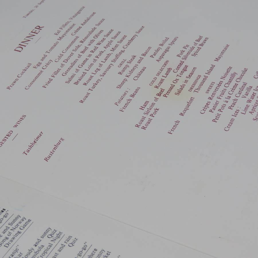 SAFmarine SA Vaal dinner menu 26 September 1972