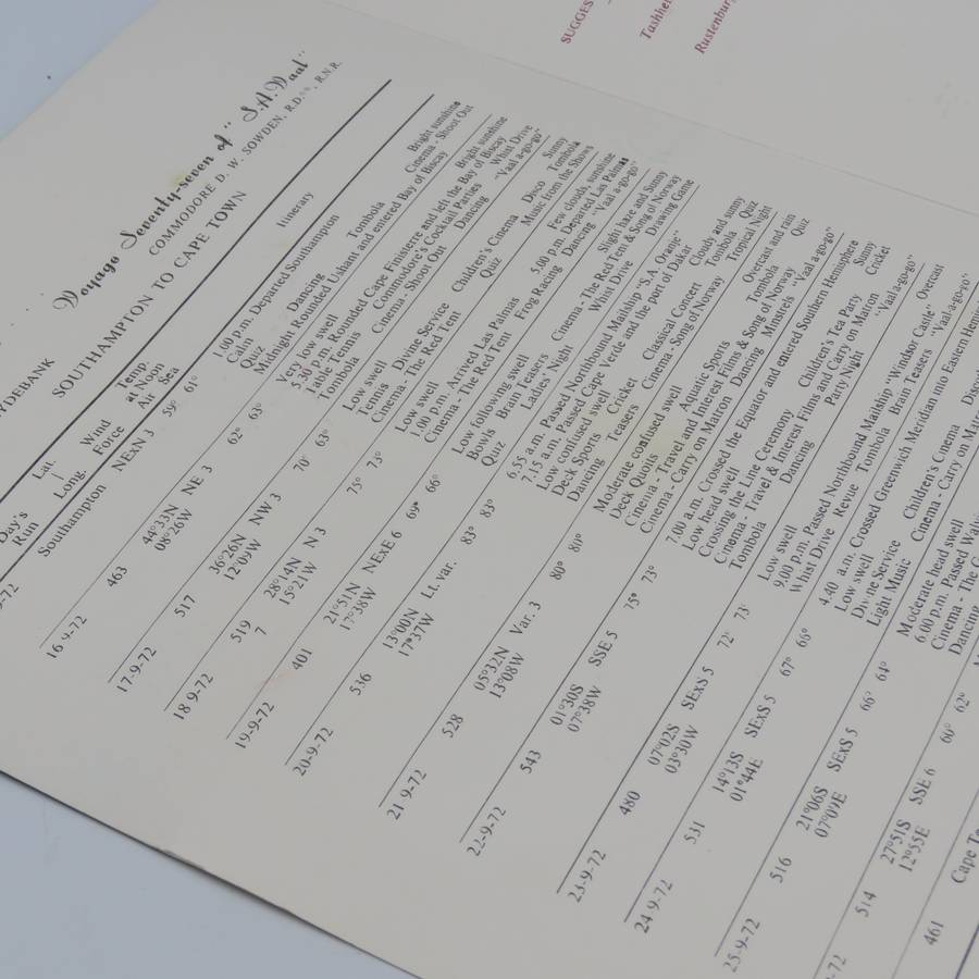 SAFmarine SA Vaal dinner menu 26 September 1972