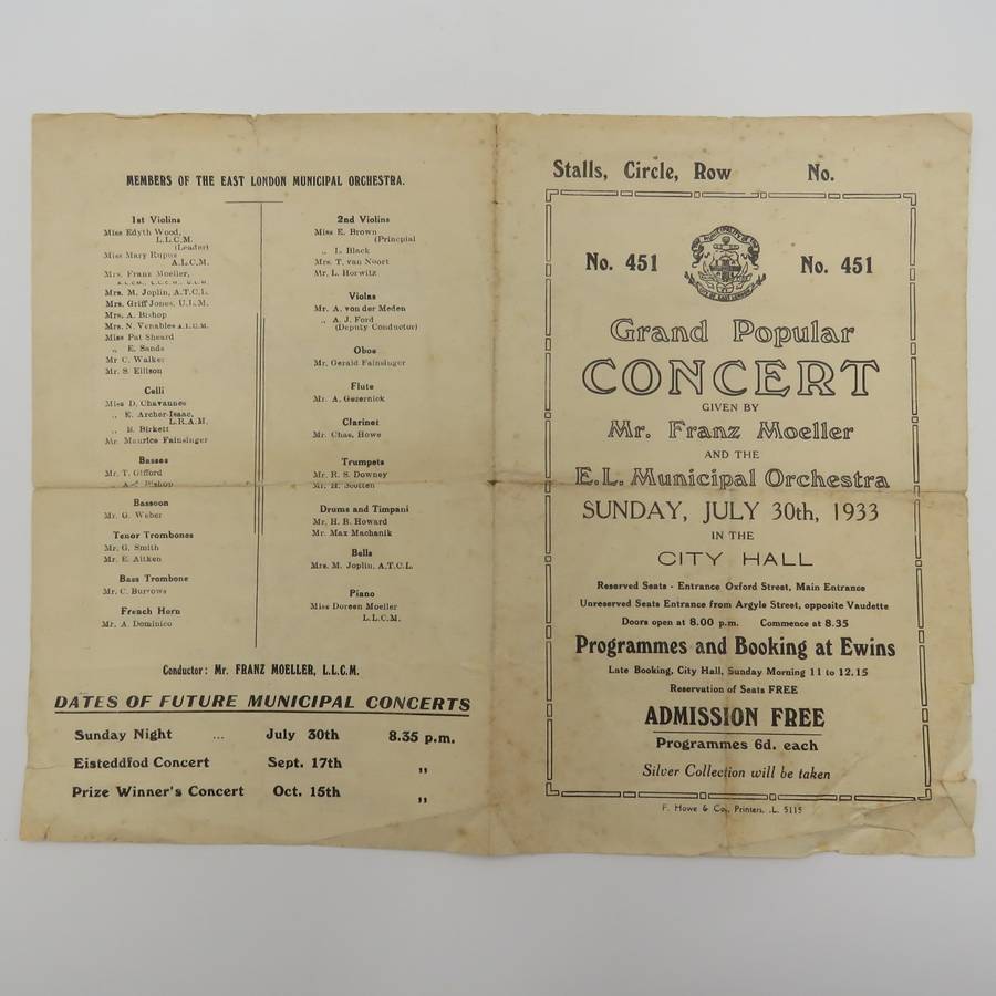 1933 Program for Concert by Franz Moeller & the East London Municipal Orchestra