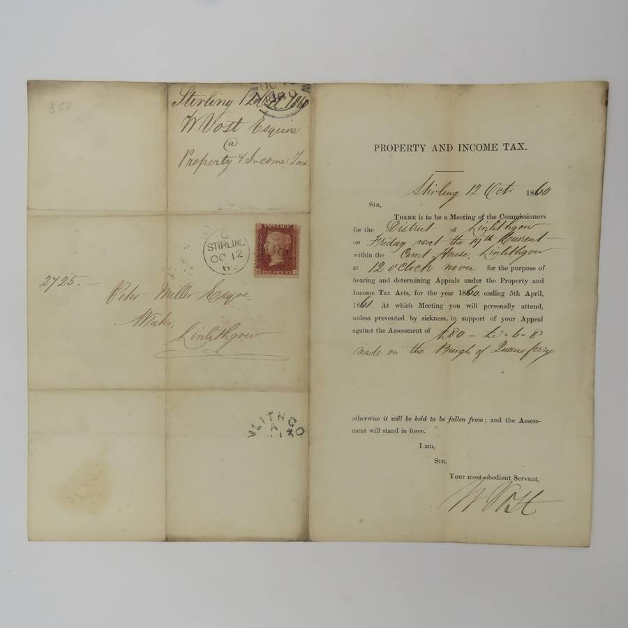 1860 Property Tax appeal notice posted STIRLING to LINLITHGROW, SCOTLAND with penny red stamp