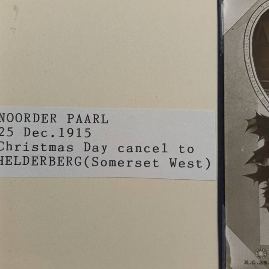 1915 WW1 period postcard - Noorder Paarl to Helderberg with Christmas Day cancel 25 December 1915