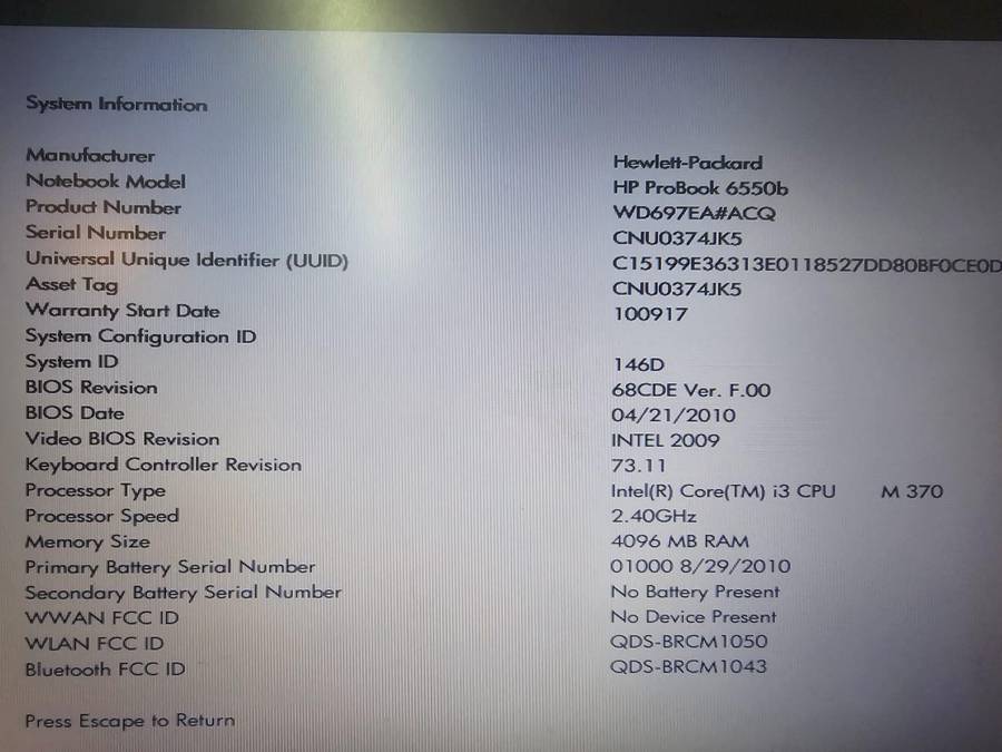 HP ProBook 6550b for spares or repairs  Core i3 M370  4GB RAM  DVD-RW